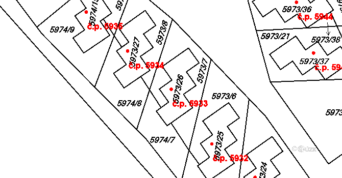 Chomutov 5933 na parcele st. 5973/26 v KÚ Chomutov I, Katastrální mapa