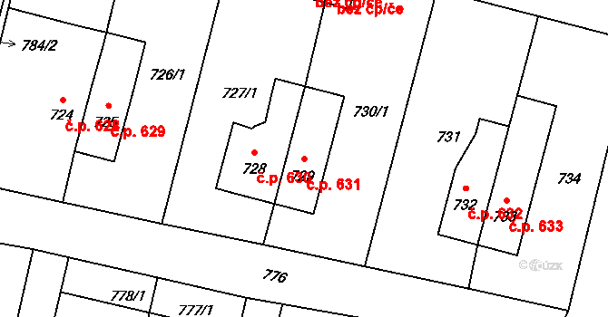 Mohelnice 631 na parcele st. 729 v KÚ Mohelnice, Katastrální mapa