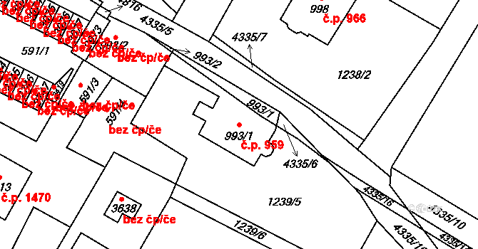 Frenštát pod Radhoštěm 959 na parcele st. 993/1 v KÚ Frenštát pod Radhoštěm, Katastrální mapa