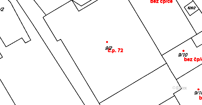 Roztoky 72 na parcele st. 9/2 v KÚ Roztoky u Křivoklátu, Katastrální mapa