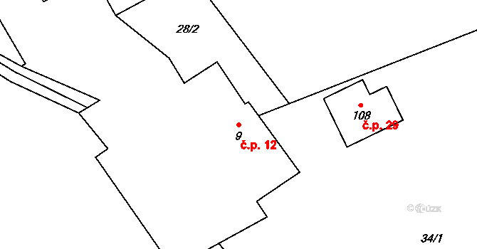 Těchoraz 12, Červená Řečice na parcele st. 9 v KÚ Těchoraz, Katastrální mapa