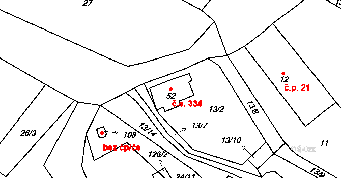 Košetice 334, Líšťany na parcele st. 52 v KÚ Košetice u Hunčic, Katastrální mapa