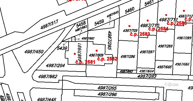 Louny 2582 na parcele st. 4987/909 v KÚ Louny, Katastrální mapa