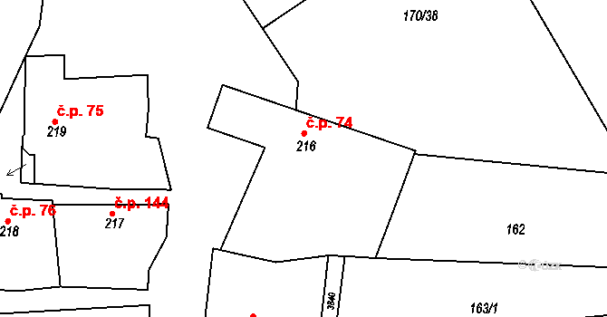Nikolčice 74 na parcele st. 216 v KÚ Nikolčice, Katastrální mapa