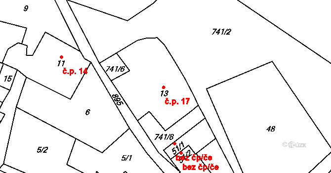Týniště 17, Verušičky na parcele st. 13 v KÚ Týniště, Katastrální mapa