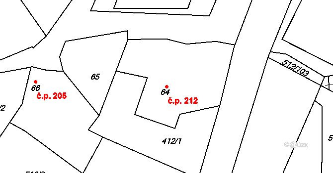 Bašť 212 na parcele st. 64 v KÚ Bašť, Katastrální mapa