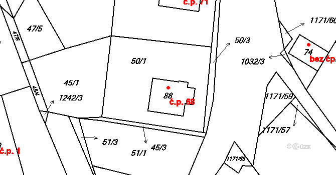 Kamenná 68 na parcele st. 88 v KÚ Kamenná u Jihlavy, Katastrální mapa