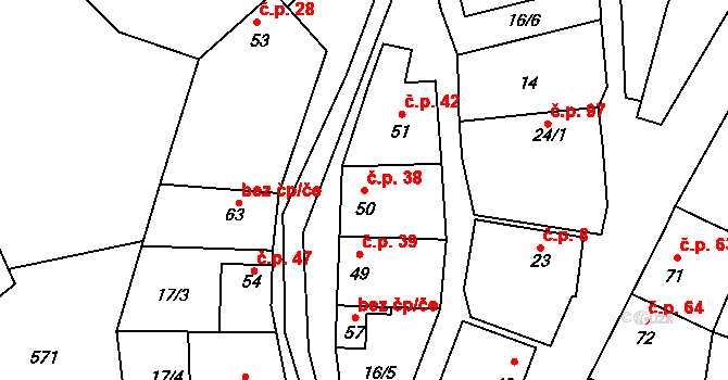 Blevice 38 na parcele st. 50 v KÚ Blevice, Katastrální mapa