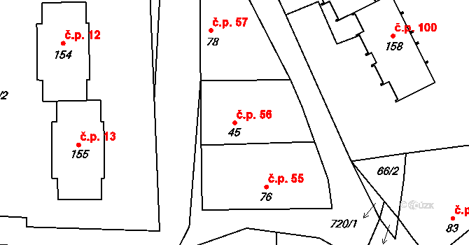 Hořešovice 56 na parcele st. 45 v KÚ Hořešovice, Katastrální mapa