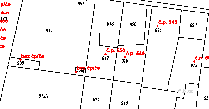 Švermov 550, Kladno na parcele st. 917 v KÚ Motyčín, Katastrální mapa