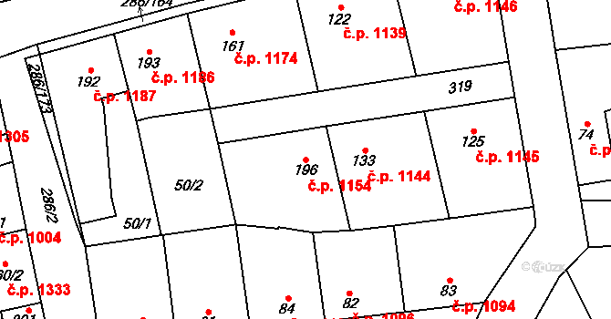 Švermov 1154, Kladno na parcele st. 196/1 v KÚ Hnidousy, Katastrální mapa