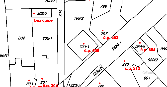 Tuchlovice 606 na parcele st. 799/3 v KÚ Tuchlovice, Katastrální mapa