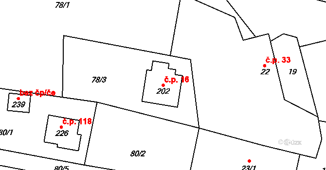Kladeruby 16 na parcele st. 202 v KÚ Kladeruby, Katastrální mapa