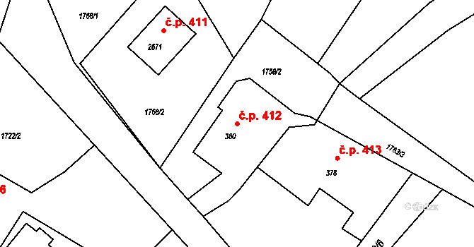 Rožnov pod Radhoštěm 412 na parcele st. 380 v KÚ Rožnov pod Radhoštěm, Katastrální mapa