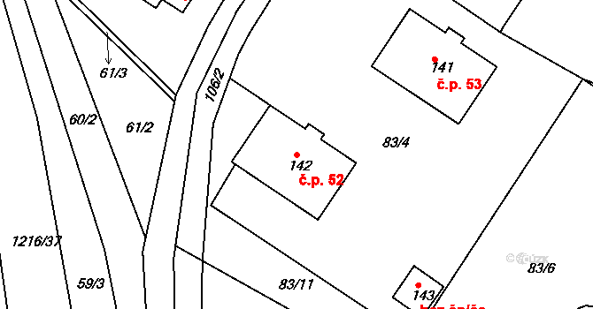 Hrachov 52, Svatý Jan na parcele st. 142 v KÚ Hrachov, Katastrální mapa
