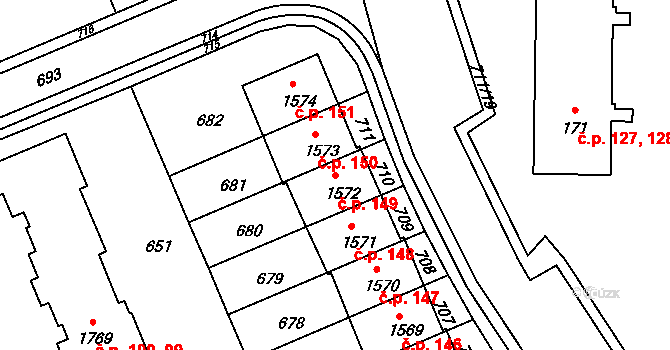 Týn 149, Třebíč na parcele st. 1572 v KÚ Podklášteří, Katastrální mapa