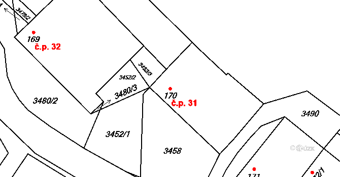 Zvěrkovice 31, Temelín na parcele st. 170 v KÚ Zvěrkovice u Týna nad Vltavou, Katastrální mapa