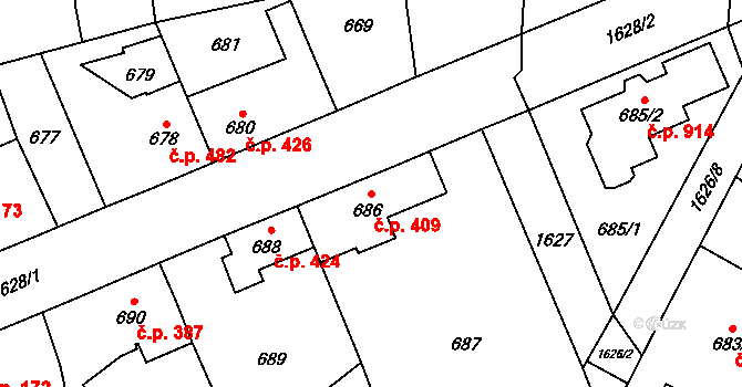 Řeporyje 409, Praha na parcele st. 686 v KÚ Řeporyje, Katastrální mapa