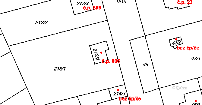 Lhotka 606, Praha na parcele st. 213/2 v KÚ Lhotka, Katastrální mapa