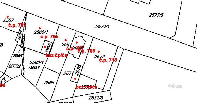 Jirkov 715 na parcele st. 2572 v KÚ Jirkov, Katastrální mapa