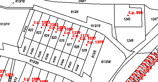 Jirkov 1377 na parcele st. 628 v KÚ Jirkov, Katastrální mapa