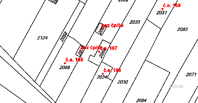 Křimice 167, Plzeň na parcele st. 2064 v KÚ Křimice, Katastrální mapa