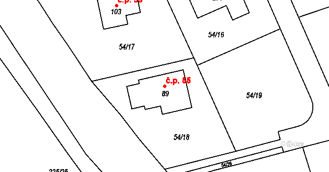 Kozinec 55, Holubice na parcele st. 89 v KÚ Kozinec, Katastrální mapa
