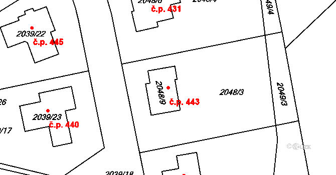 Březnice 443 na parcele st. 2048/9 v KÚ Březnice u Zlína, Katastrální mapa