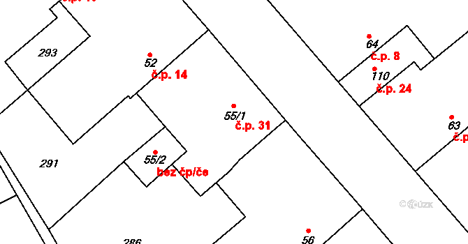Sulec 31, Toužetín na parcele st. 55/1 v KÚ Toužetín, Katastrální mapa