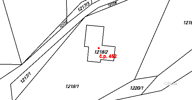 Zádveřice 452, Zádveřice-Raková na parcele st. 1218/2 v KÚ Zádveřice, Katastrální mapa