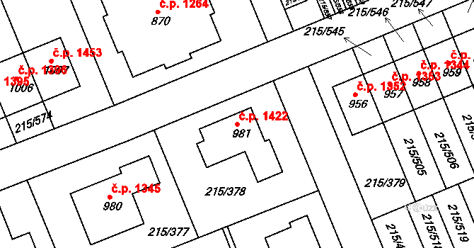 Rudná 1422 na parcele st. 981 v KÚ Hořelice, Katastrální mapa