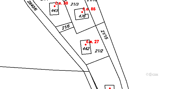 Březí 27, Kamenný Újezd na parcele st. 442 v KÚ Kamenný Újezd, Katastrální mapa