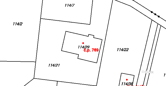 Srubec 769 na parcele st. 114/29 v KÚ Srubec, Katastrální mapa