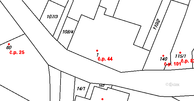 Podivice 44 na parcele st. 1 v KÚ Podivice na Moravě, Katastrální mapa