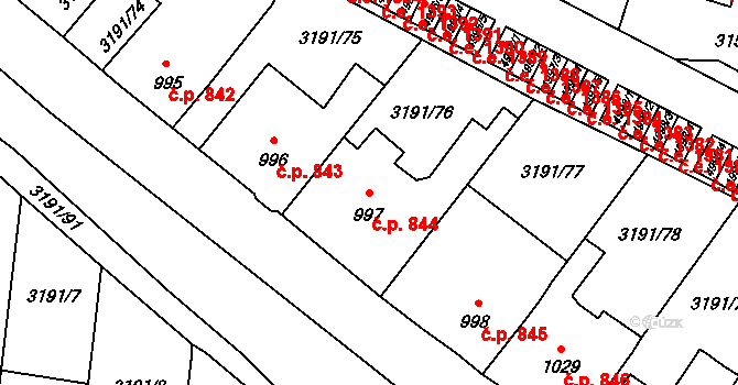 Zlín 844 na parcele st. 997 v KÚ Zlín, Katastrální mapa
