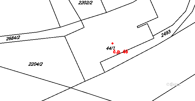 Klokočov 45, Vítkov na parcele st. 44/1 v KÚ Klokočov u Vítkova, Katastrální mapa