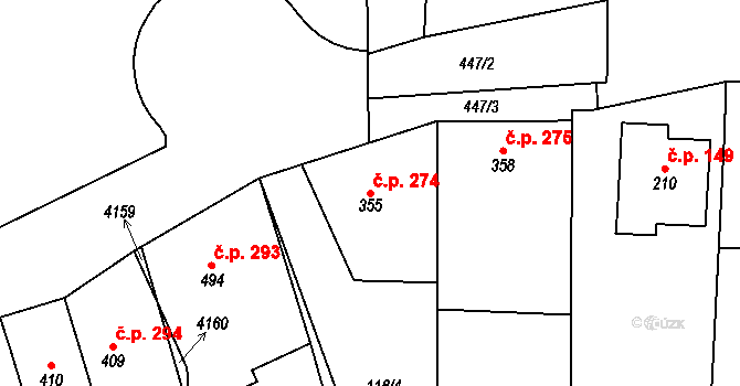 Brankovice 274 na parcele st. 355 v KÚ Brankovice, Katastrální mapa