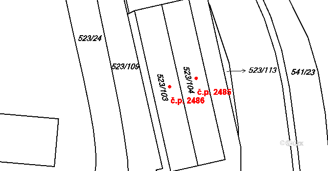 Blansko 2486 na parcele st. 523/103 v KÚ Horní Lhota u Blanska, Katastrální mapa