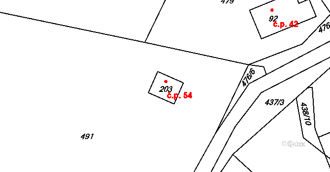 Jáchymov 54, Brniště na parcele st. 203 v KÚ Hlemýždí, Katastrální mapa