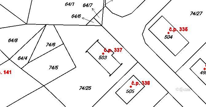 Broumy 337 na parcele st. 503 v KÚ Broumy, Katastrální mapa