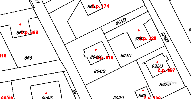Průhonice 616 na parcele st. 864/4 v KÚ Průhonice, Katastrální mapa