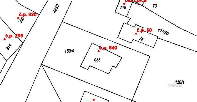Plasy 540 na parcele st. 988 v KÚ Plasy, Katastrální mapa