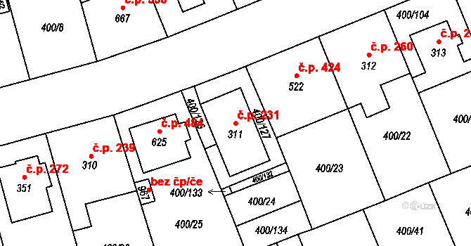 Prštné 231, Zlín na parcele st. 311 v KÚ Prštné, Katastrální mapa