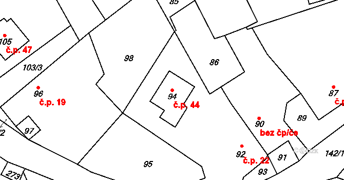 Březí 44, Malečov na parcele st. 94 v KÚ Březí u Malečova, Katastrální mapa