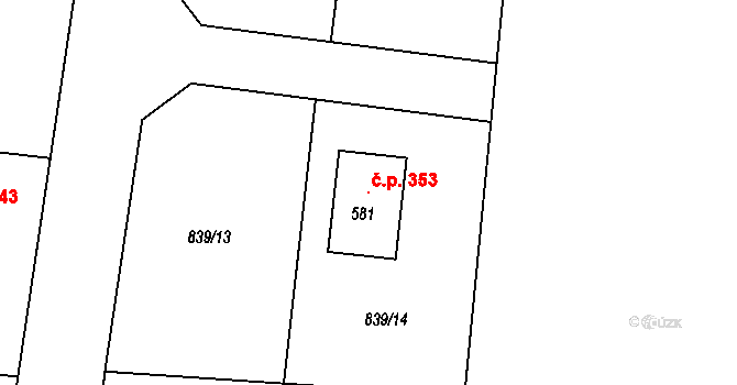 Miličín 353 na parcele st. 581 v KÚ Miličín, Katastrální mapa