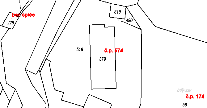 Tuchoměřice 574 na parcele st. 379 v KÚ Kněžívka, Katastrální mapa