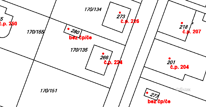 Hořátev 224 na parcele st. 266 v KÚ Hořátev, Katastrální mapa