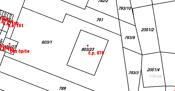 Modřice 578 na parcele st. 803/23 v KÚ Modřice, Katastrální mapa
