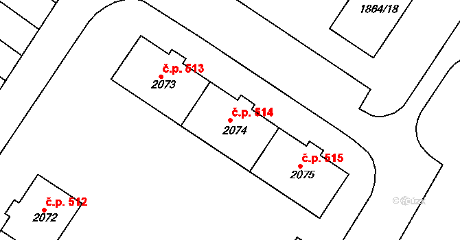 Hrušovany u Brna 514 na parcele st. 2074 v KÚ Hrušovany u Brna, Katastrální mapa