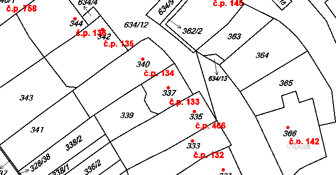 Šardice 133 na parcele st. 337 v KÚ Šardice, Katastrální mapa